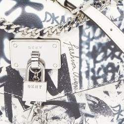 Pre Owned DKNY White/Black Graffiti Print Leather Flap Shoulder Bag