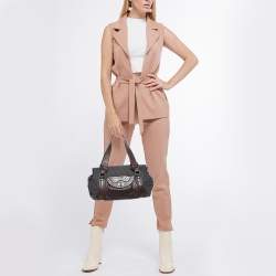 Pre Owned DKNY Grey/Brown Signature Canvas and Leather Satchel