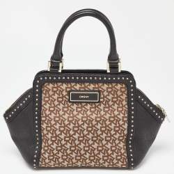 DKNY Beige/Black Signature Canvas and Leather Studded Satchel