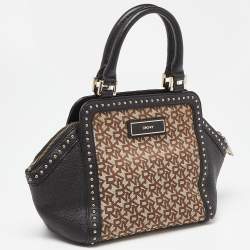 DKNY Beige/Black Signature Canvas and Leather Studded Satchel