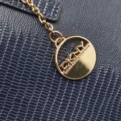 Pre Owned DKNY Navy Blue Lizard Embossed Leather Studded Zip Tote with Wallet