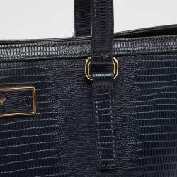 Pre Owned DKNY Navy Blue Lizard Embossed Leather Studded Zip Tote with Wallet