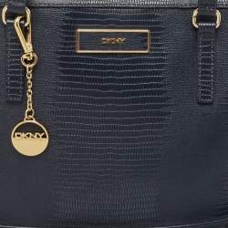 Pre Owned DKNY Navy Blue Lizard Embossed Leather Studded Zip Tote with Wallet