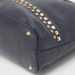 Pre Owned DKNY Navy Blue Lizard Embossed Leather Studded Zip Tote with Wallet