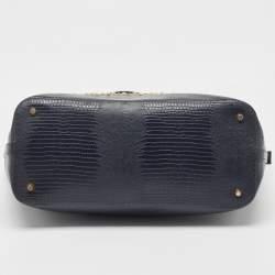 Pre Owned DKNY Navy Blue Lizard Embossed Leather Studded Zip Tote with Wallet