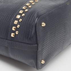 Pre Owned DKNY Navy Blue Lizard Embossed Leather Studded Zip Tote with Wallet