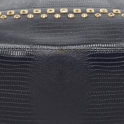 Pre Owned DKNY Navy Blue Lizard Embossed Leather Studded Zip Tote with Wallet