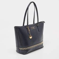 Pre Owned DKNY Navy Blue Lizard Embossed Leather Studded Zip Tote with Wallet