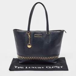 Pre Owned DKNY Navy Blue Lizard Embossed Leather Studded Zip Tote with Wallet