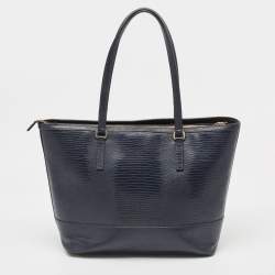 Pre Owned DKNY Navy Blue Lizard Embossed Leather Studded Zip Tote with Wallet
