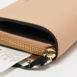 Pre Owned DKNY Beige Saffiano Leather Zip Around Compact Wallet