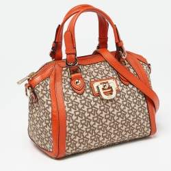 Pre Owned DKNY Orange/Beige Monogram Canvas and Leather Zip Satchel