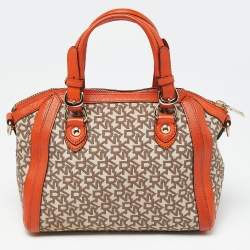 Pre Owned DKNY Orange/Beige Monogram Canvas and Leather Zip Satchel