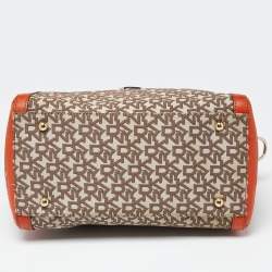 Pre Owned DKNY Orange/Beige Monogram Canvas and Leather Zip Satchel