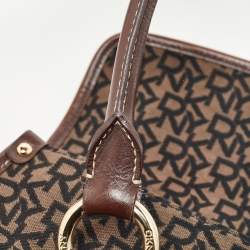 Pre Owned Dkny Brown/Black Signature Canvas and Leather Front Pocket Tote