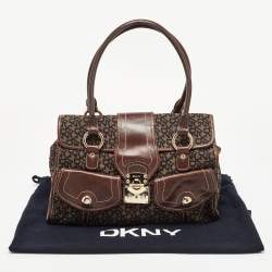 Pre Owned Dkny Brown/Black Signature Canvas and Leather Front Pocket Tote