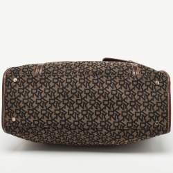 Pre Owned Dkny Brown/Black Signature Canvas and Leather Front Pocket Tote