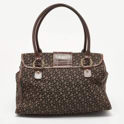 Pre Owned Dkny Brown/Black Signature Canvas and Leather Front Pocket Tote
