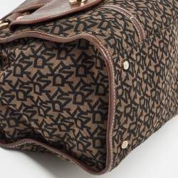 Pre Owned Dkny Brown/Black Signature Canvas and Leather Front Pocket Tote