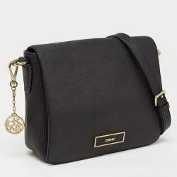 DKNY Black Leather Logo Flap Shoulder Bag