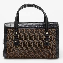 DKNY Black/Brown Monogram Canvas and Croc Embossed Leather Turnlock Flap Tote