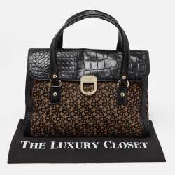 DKNY Black/Brown Monogram Canvas and Croc Embossed Leather Turnlock Flap Tote