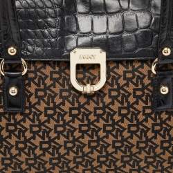 DKNY Black/Brown Monogram Canvas and Croc Embossed Leather Turnlock Flap Tote