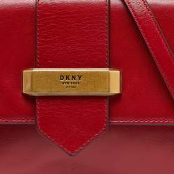 Dkny Red Leather Metal Logo Flap Top Handle Bag