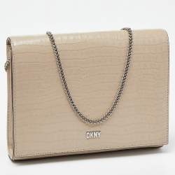 DKNY Beige Croc Embossed Leather Logo Flap Chain Shoulder Bag