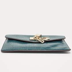 Pre Owned DKNY Teal Blue Croc Embossed Leather Elissa Envelope Clutch
