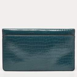 Pre Owned DKNY Teal Blue Croc Embossed Leather Elissa Envelope Clutch