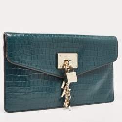 Pre Owned DKNY Teal Blue Croc Embossed Leather Elissa Envelope Clutch