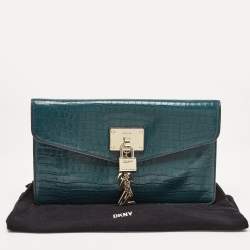 Pre Owned DKNY Teal Blue Croc Embossed Leather Elissa Envelope Clutch