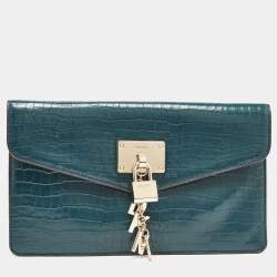 Pre Owned DKNY Teal Blue Croc Embossed Leather Elissa Envelope Clutch