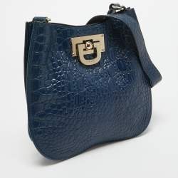Pre Owned DKNY Navy Blue Croc Embossed Leather Messenger Bag
