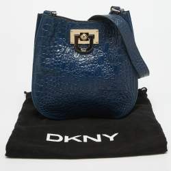 Pre Owned DKNY Navy Blue Croc Embossed Leather Messenger Bag