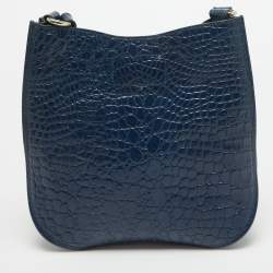 Pre Owned DKNY Navy Blue Croc Embossed Leather Messenger Bag