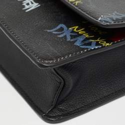 Pre Owned DKNY Black Leather Graffiti Print Flap Crossbody Bag