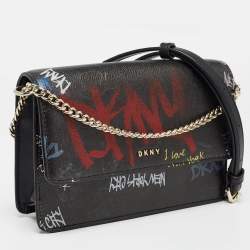 Pre Owned DKNY Black Leather Graffiti Print Flap Crossbody Bag