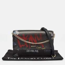 Pre Owned DKNY Black Leather Graffiti Print Flap Crossbody Bag