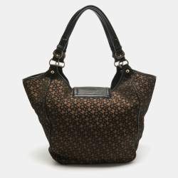 Pre Owned DKNY Black/Brown Monogram Jacquard Fabric and Leather Tote