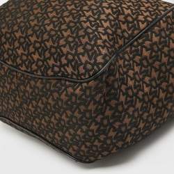 Pre Owned DKNY Black/Brown Monogram Jacquard Fabric and Leather Tote