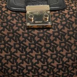 Pre Owned DKNY Black/Brown Monogram Jacquard Fabric and Leather Tote