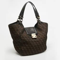 Pre Owned DKNY Black/Brown Monogram Jacquard Fabric and Leather Tote