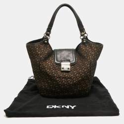 Pre Owned DKNY Black/Brown Monogram Jacquard Fabric and Leather Tote