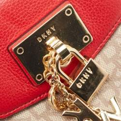 Pre Owned DKNY Red/Beige Monogram Coated Canvas and Leather Elissa North South Crossbody Bag