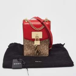 Pre Owned DKNY Red/Beige Monogram Coated Canvas and Leather Elissa North South Crossbody Bag