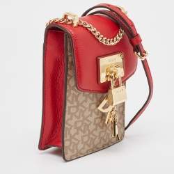 Pre Owned DKNY Red/Beige Monogram Coated Canvas and Leather Elissa North South Crossbody Bag