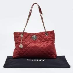 DKNY Red Quilted Nylon and Leather Logo Chain Tote