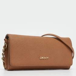 DKNY Brown Saffiano Leather Flap Wallet on Chain